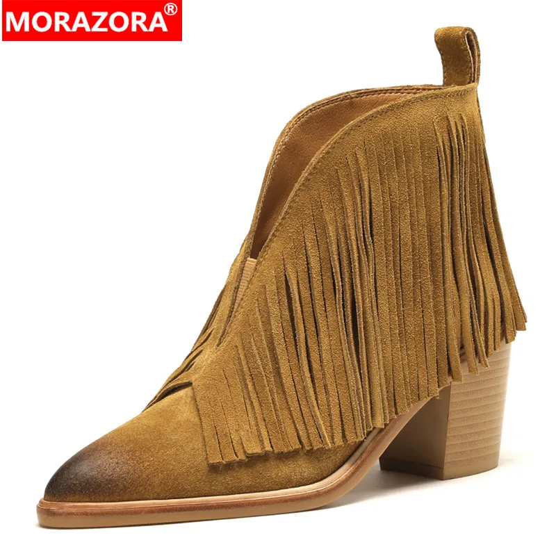 

MORAZORA 2024 New Slip On Fringe Cow Suede Women Boots Ladies Thick High Heels Shoes Retro Spring Autumn Ankle Boots