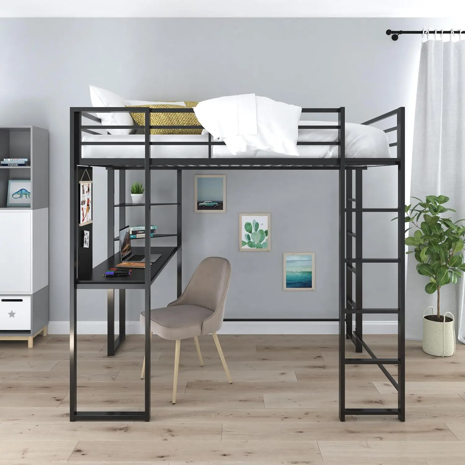 Full Size Metal Loft Bed, Aur, Preto