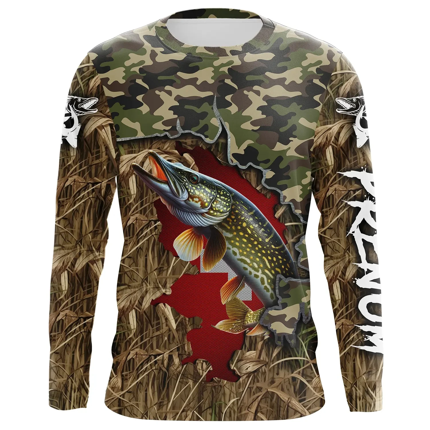 Wilderness Fishing Theme Outdoor Crew Neck Long Sleeve Tee, Bionic Camo Design for Beach Trips, Short Outings & Casual Fishing