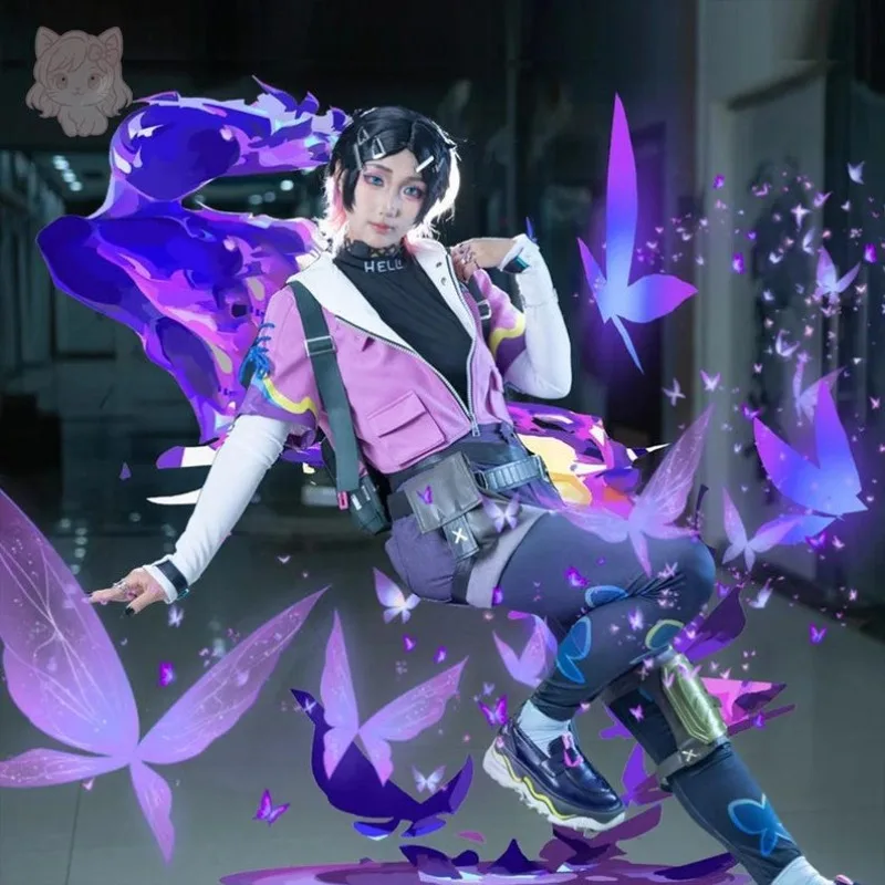 

Game Clove Cosplay Costume Purple Top Coat Shorts with Wig Accessories Full Set Role Play Outfit Theme Party for Women