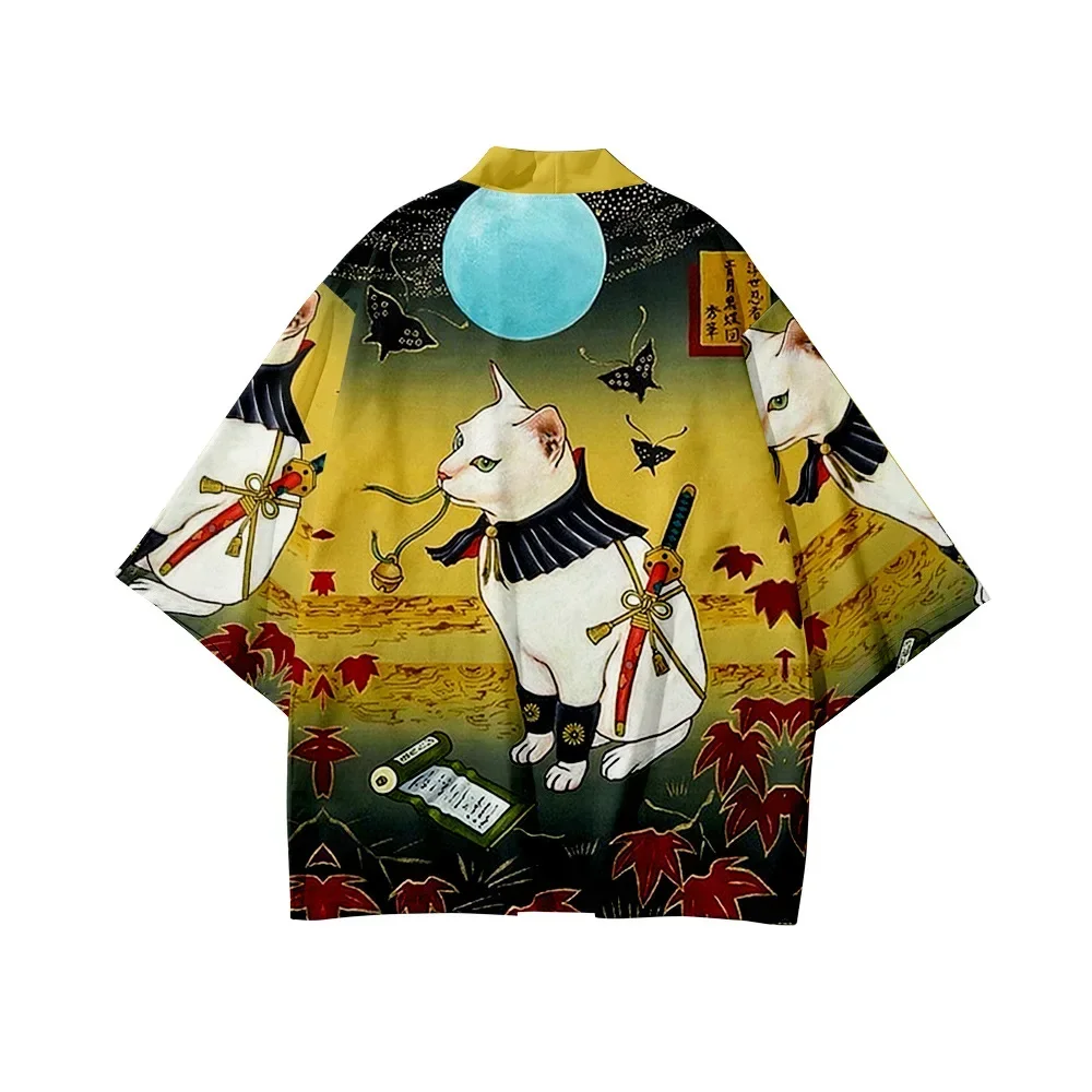 Ropa de calle cárdigan con estampado de gato samurái demonio, kimono tradicional para mujer y hombre, top yukata de playa japonesa Harajuku