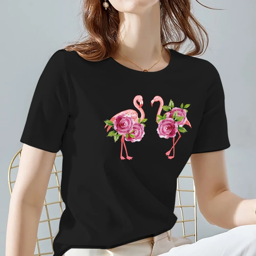 Women Tops Tee Black All-match Casual Ladies T-Shirts O Neck Flamingo Pattern Print Commuter Short Sleeve Women's Clothing