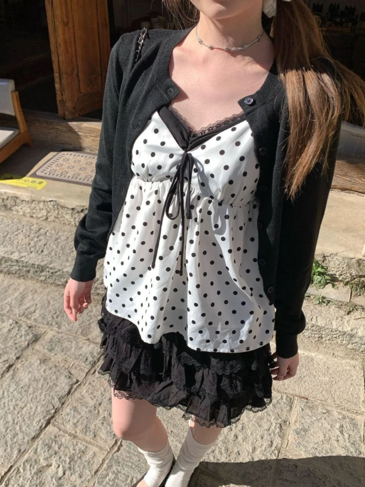 Korean Lace Fashion Stitching Polka-dot Camisole Female 2026 New Lace Fake Two-piece Blouse Cardigan Two-piece Suit Women's