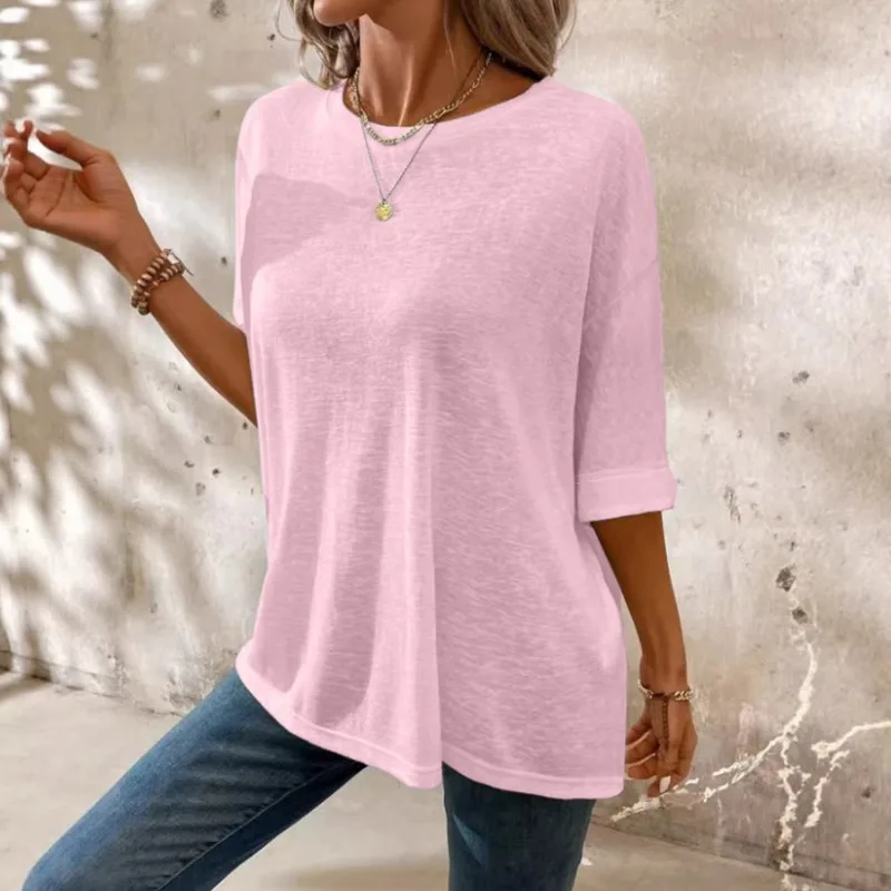 Women Crew Neck Batwing Sleeve Loose Basic T Shirt Solid Color Versatile Casual Summer Top For European American Market
