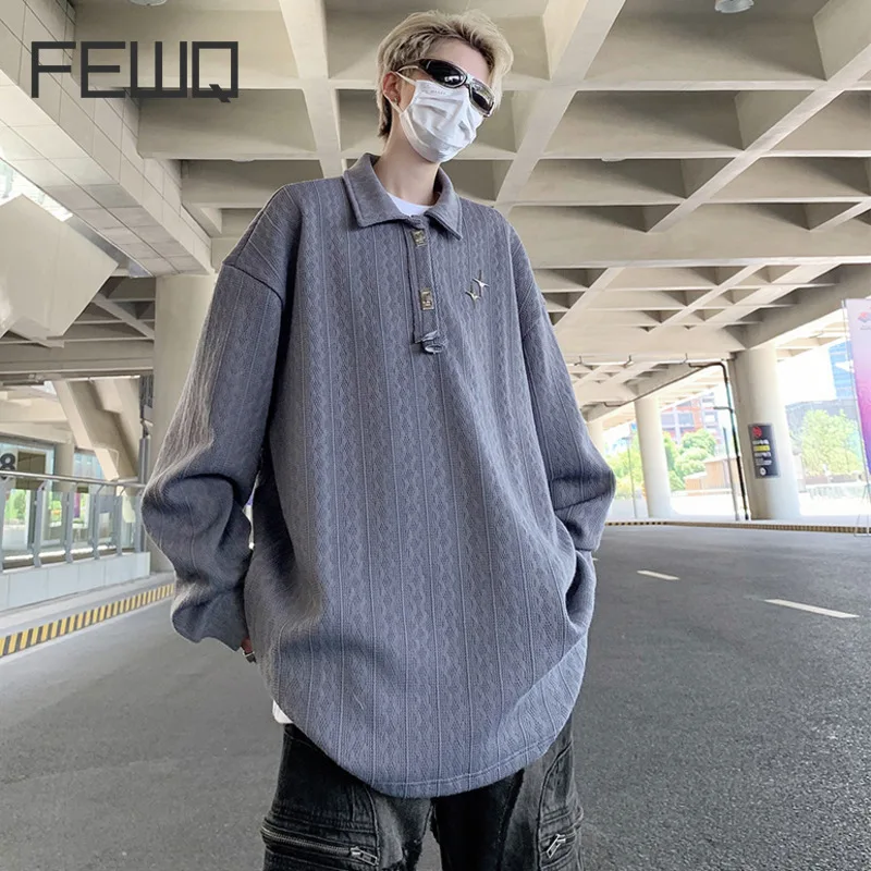 

FEWQ Men's T-shirts Loose American Style Metal Pattern Design Turn-down Collar Long Sleeve Casual Male Tees Strylish 9C6599