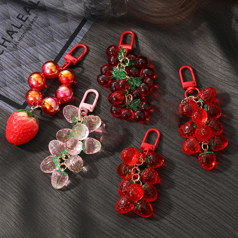 1PC Strawberry Cherry Red Beads Keychain Keyring For Women Girl Friend Simulated Fruit Bag Car Key Holder Airpods Box Jewelry