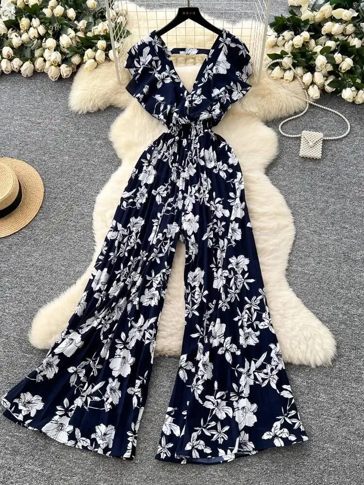 女性プリントジャンプスーツ夏フリルディープ V ネックハイウエストフレア花柄パンツ & ジャンプスーツ女性シフォンビーチロンパース