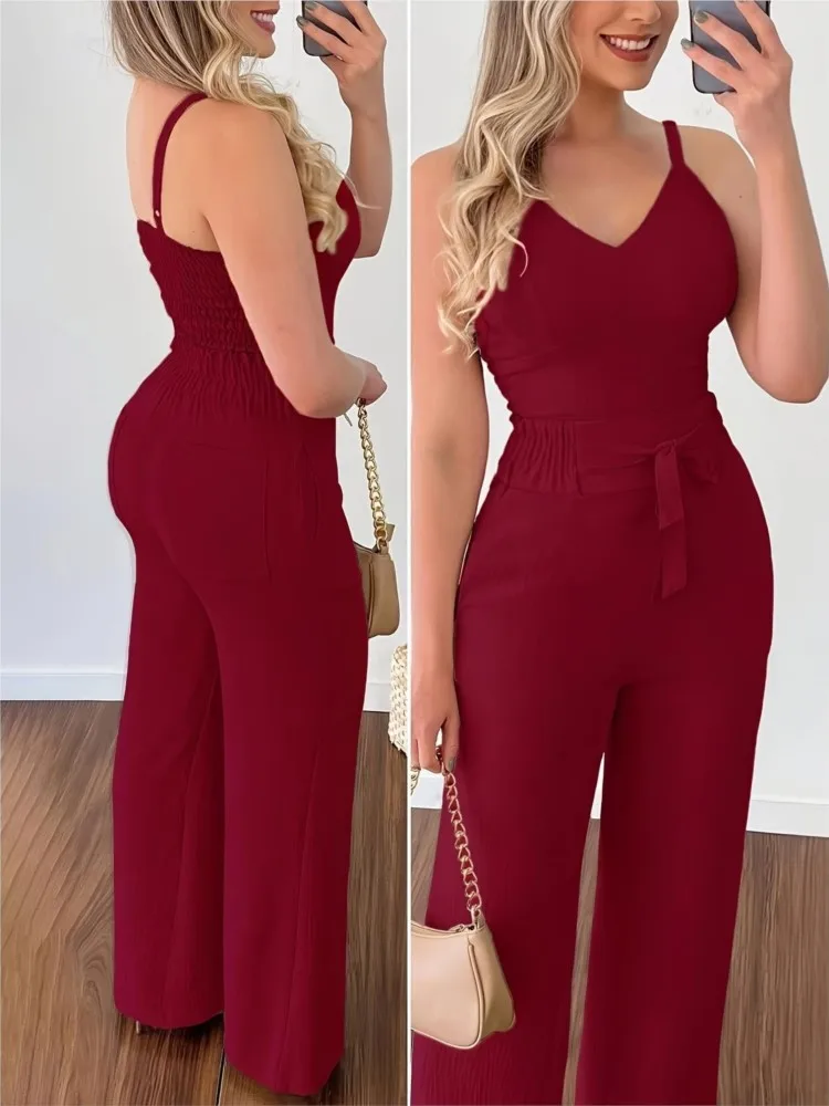

Women Fashion Solid Two Piece Sets Summer Sexy Backless V-neck Sling Short Vest & Tether High Waist Straight Pants Casual Set