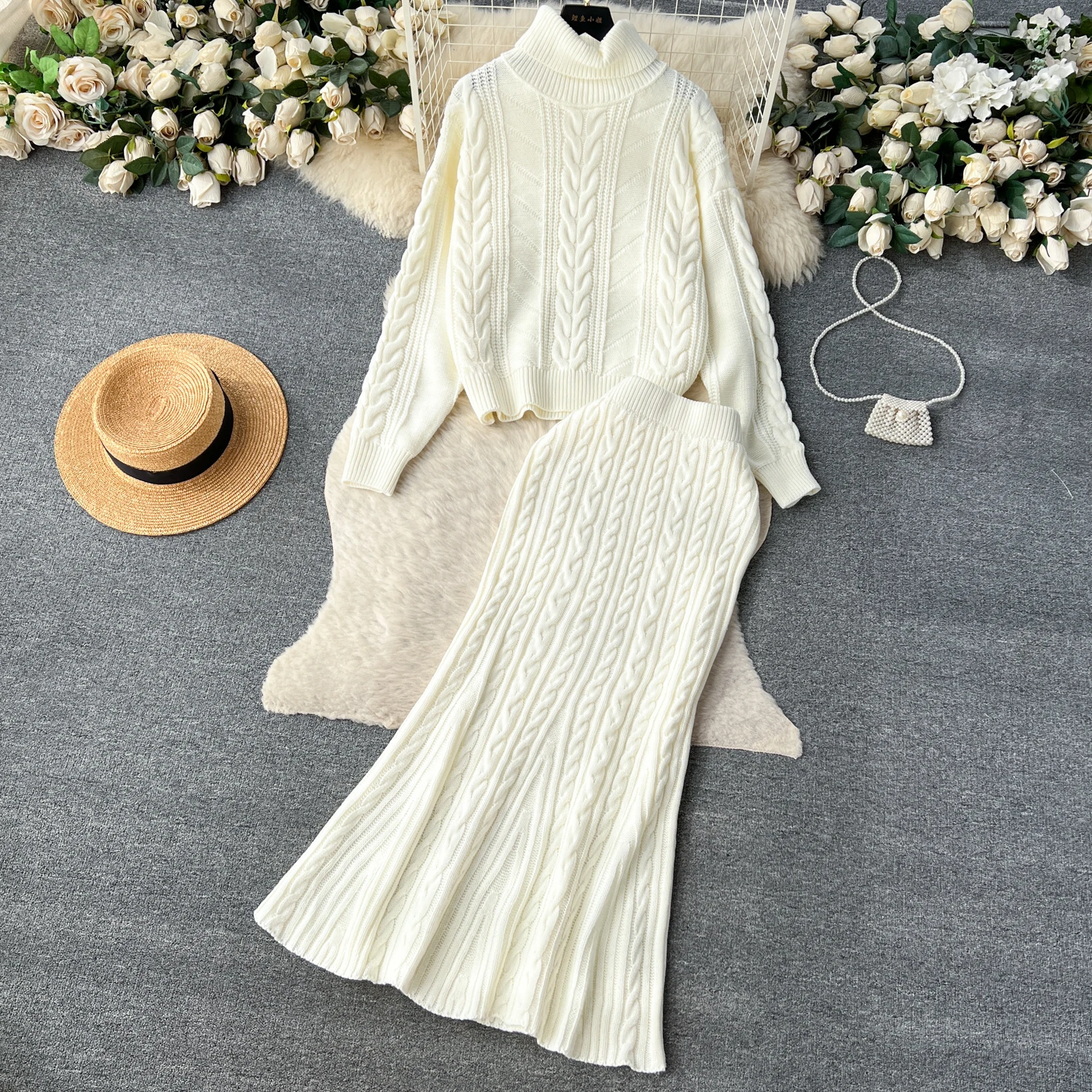 ALPHALMODA 2024 Winter New Turtle Neck Long-sleeved Twisted Sweater + High Waist Mermaid Knit Skirt Women Vintage 2pcs Suit