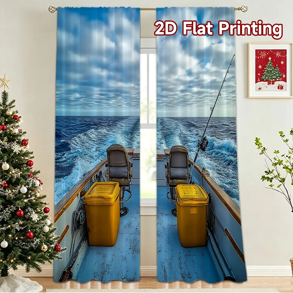 2D flat 2pcs Curtain Home Short Curtains Deep Sea Fishing Boat Digitally printed polyester, colorfast Holiday Decorations Use