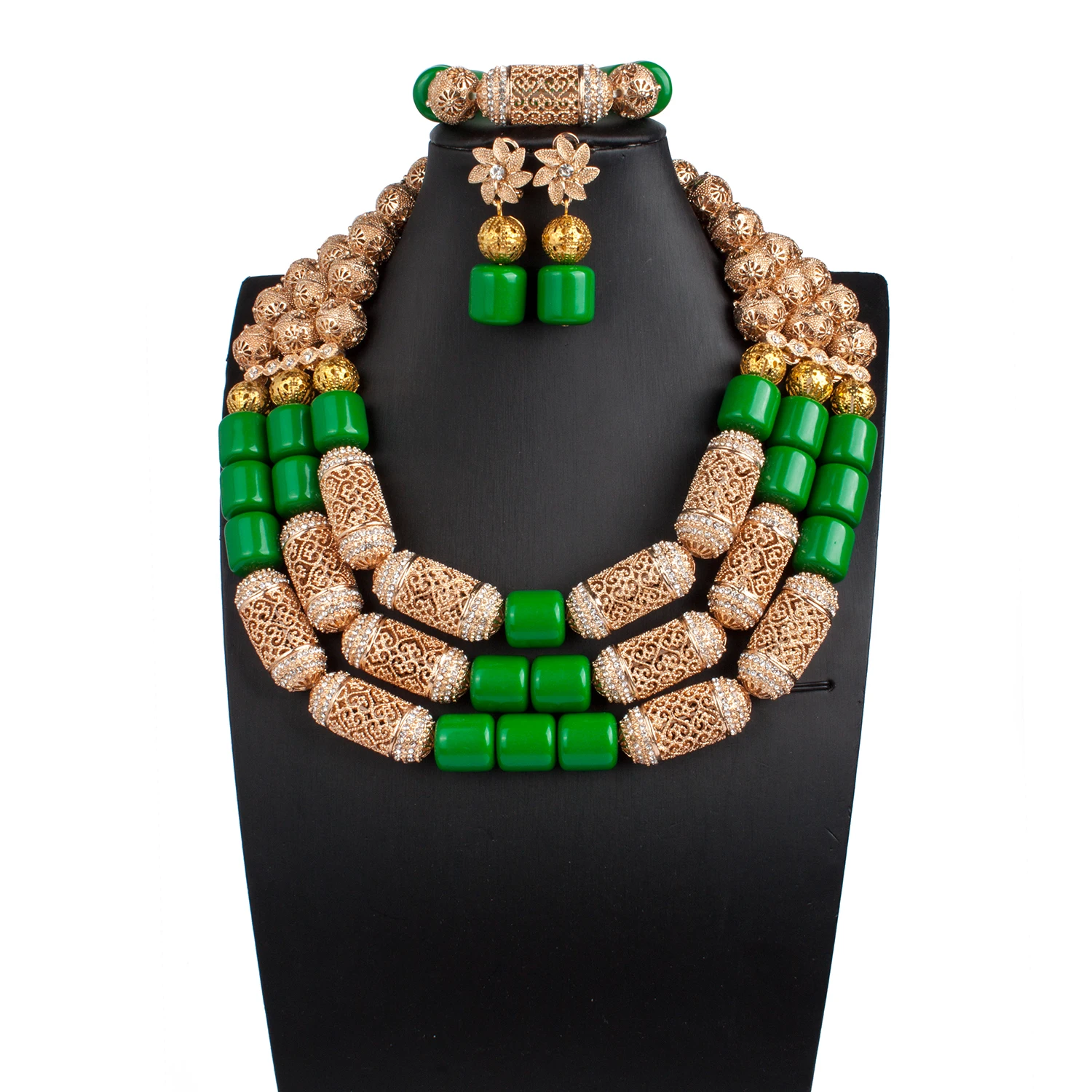 Green African Beads Jewelry Set 17 inches Necklace Bracelet Earrings Women Jewelry Set Gold Accessories