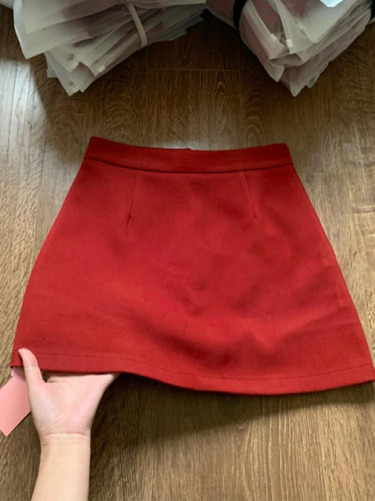 

New Year Red High Waist A-Line Skirt Women's Autumn Winter Korean Sle f-length Skirts Sweet Sle Polyester Fiber