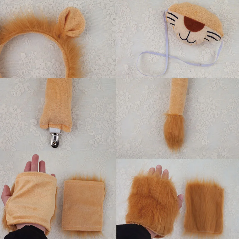 Kids Lion Headband Tail Gloves Cosplay Kawaii Animal Ears Headdress Tie Halloween Party Funny Wearings Adults DIY Accessories