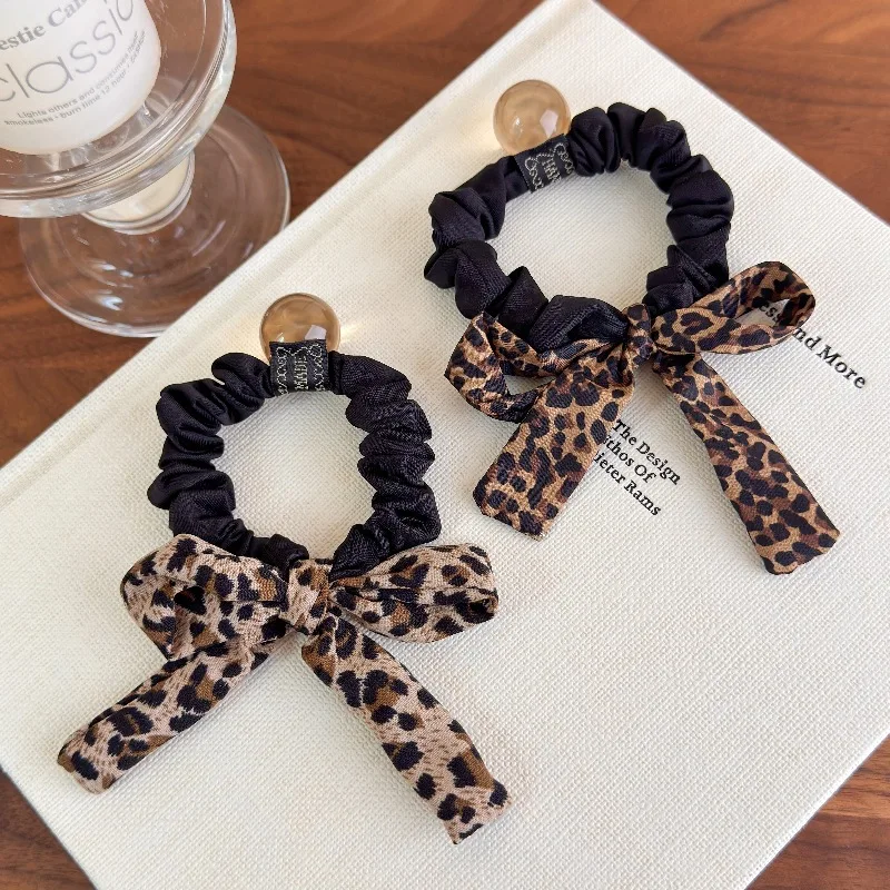 Retro-Haargummi mit Leopardenmuster, Schleife, eleganter niedriger Pferdeschwanz, Haar-Accessoire, luxuriöses Haarband, Lazy Chic Haarschmuck