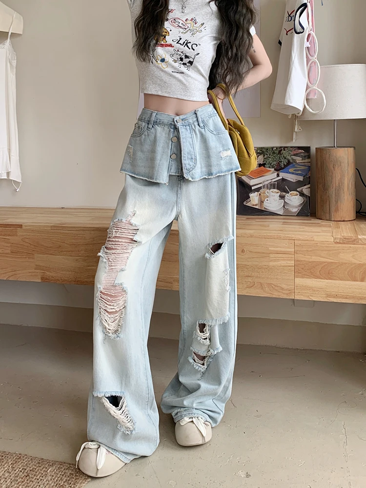 REDDACHiC Mock Creative Destroyed Baggy Jeans Women Fake 2-piece Do Old High Waist Loose Casual Wide Leg Pants Hiphop Streetwear