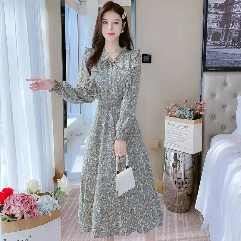 Fashion Printed Shirring Ruffles Lace Up Bow Midi Dress Women\'s Clothing 2024 Spring Summer Loose Butterfly Sleeve Floral Dress