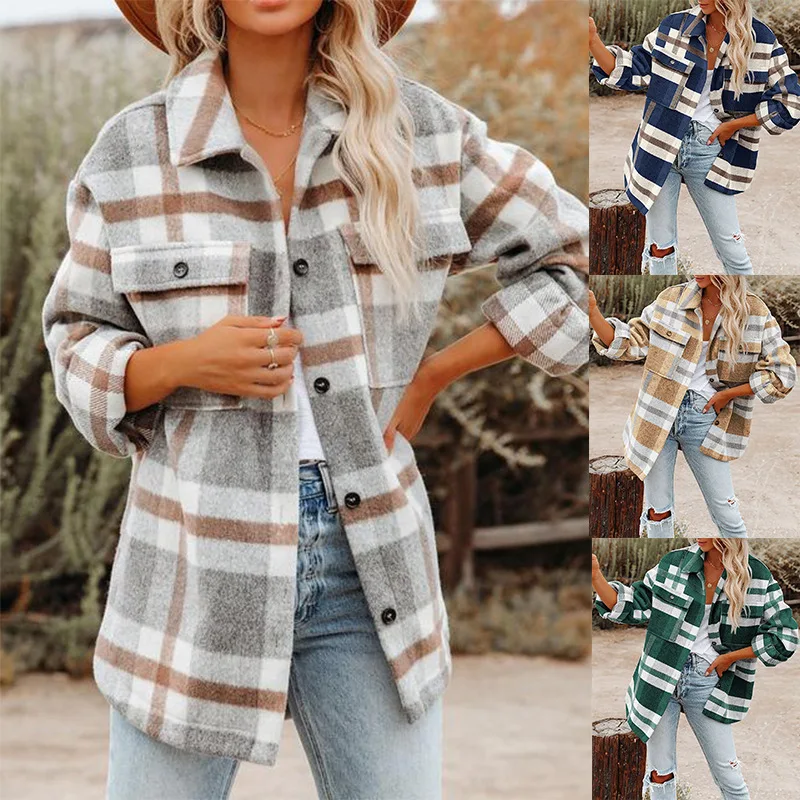 

2025Popular Autumn and Winter Women's Clothing New European and American Hot Plaid Button Flannel Woolen Shirt Coat