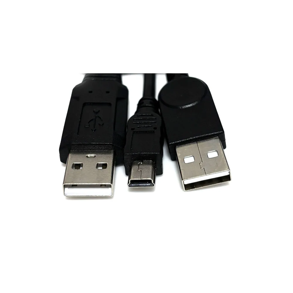 Dual Connector Type-A USB2.0 Male To Mini Type-B USB 5-Pin Male Extra Power Data Cable Compatible with Disk Dive SSD Camera MP