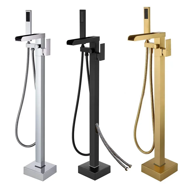 

Bathroom Bathtub Faucet + Handheld Shower Free Standing Brushed Gold Luxury Black BathTub Mixer Taps Floor Mounted