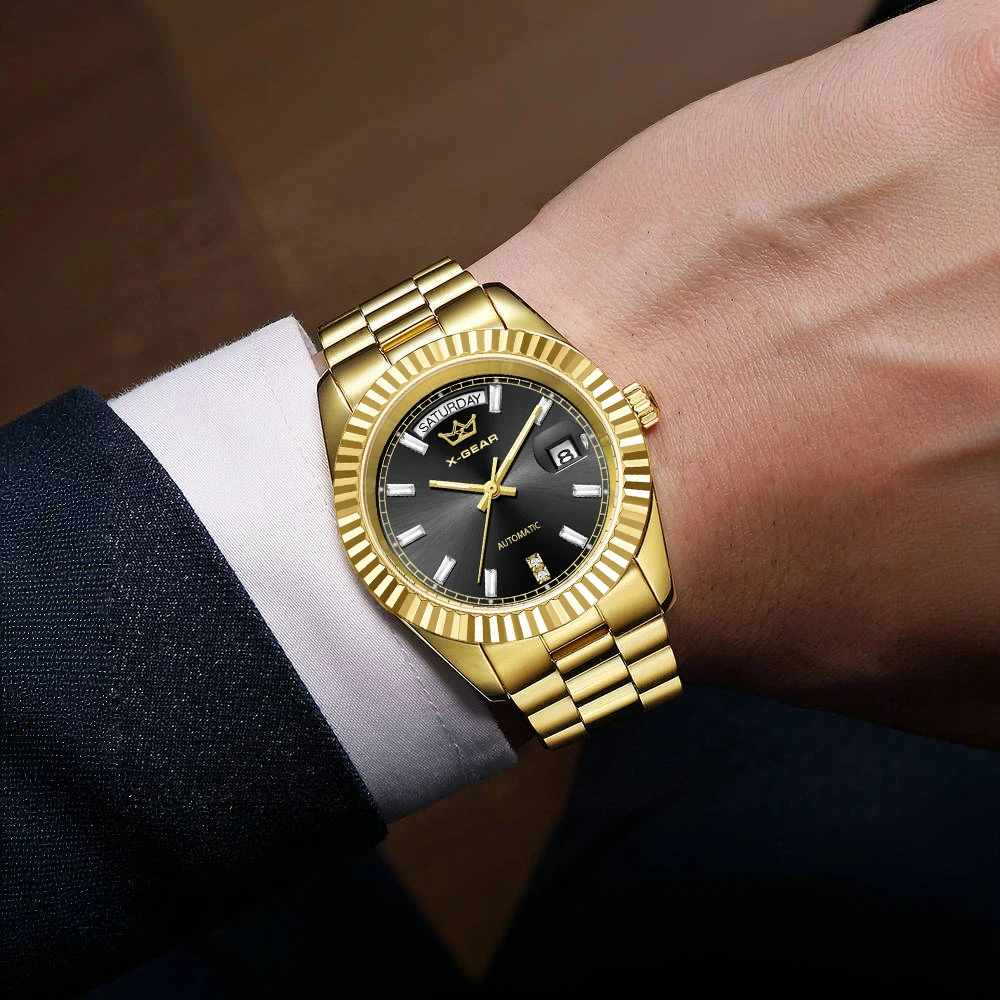 ساعة ميكانيكية أوتوماتيكية X-GEAR للرجال، ساعة فاخرة مقاومة للماء، ساعة عرض تقويمية مضيئة