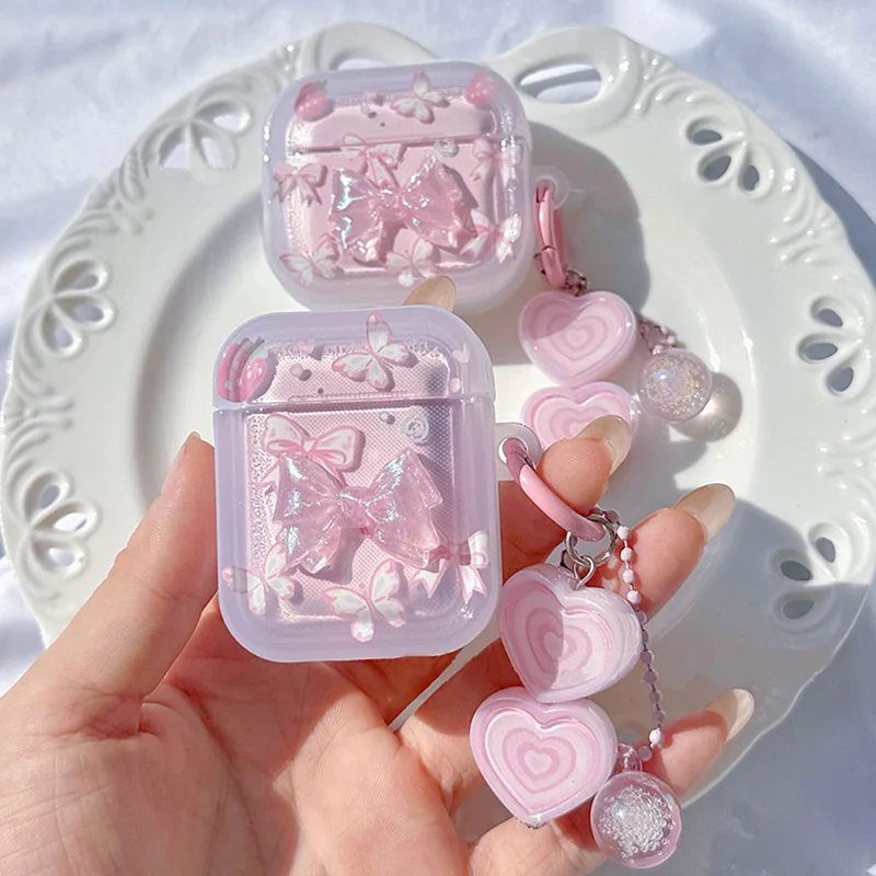 Case For AirPods 4 2 3 Pro 2 EarBuds pink Crystal butterfly Earphone funda Keyring For AirPod 4 Pro2 Headset Bags Accessories - view 4