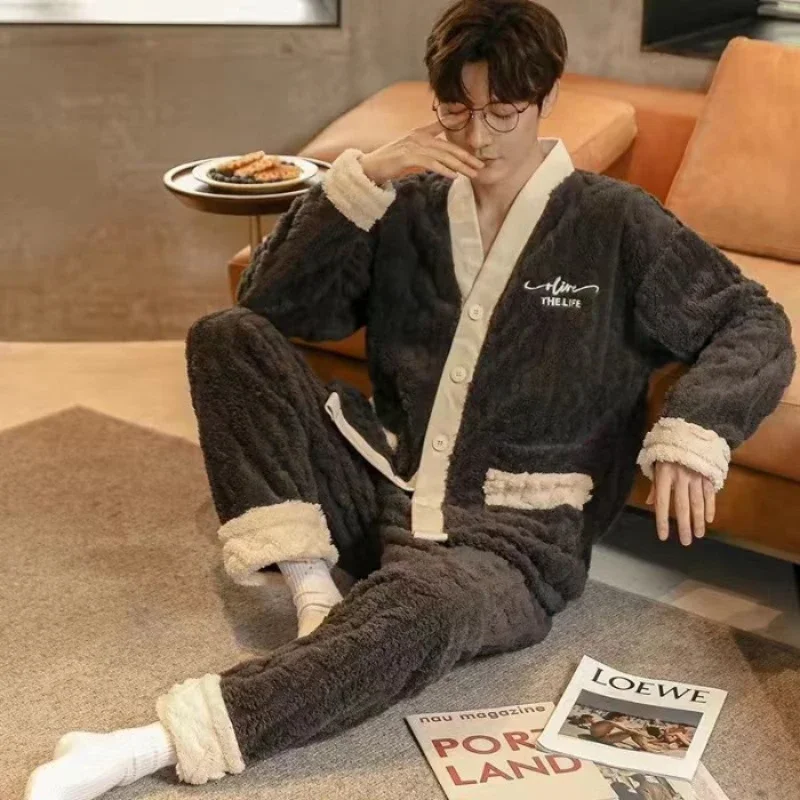 High Quality Men Pajamas Suit V-neck Winter Warm Loose Fitting Thick Plush Flannel Sleepwear Set Home Wear Male Nightwear