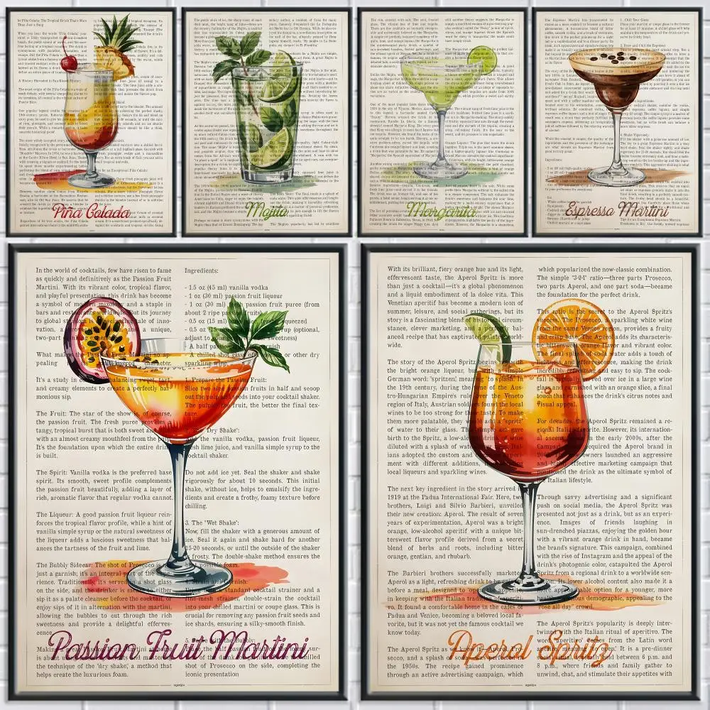 

Creative Cocktails Poster Stickers Waterproof HD Vintage Painting Wall Art for Bedroom Living Room Home Decor Decoration Gift