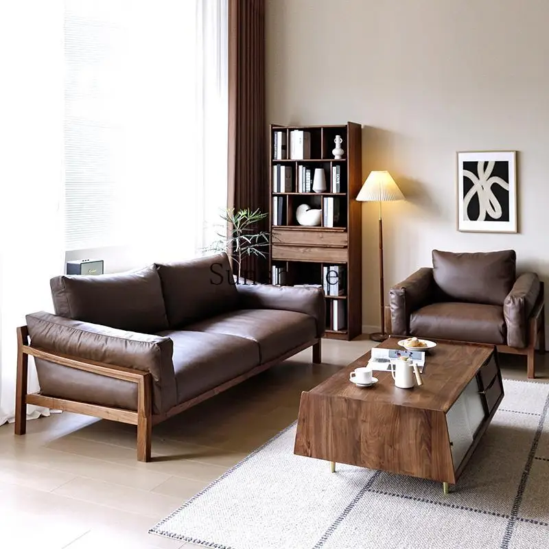 

Small apartment Nordic style modern simple living room leather black walnut solid wood sofa