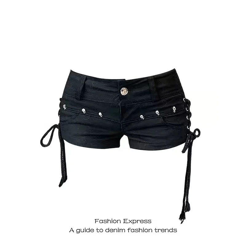 

Женские черные готические джинсовые шорты, винтажные эстетические корейские джинсовые шорты с низкой талией, Harajuku Y2k, ковбойские короткие брюки, одежда