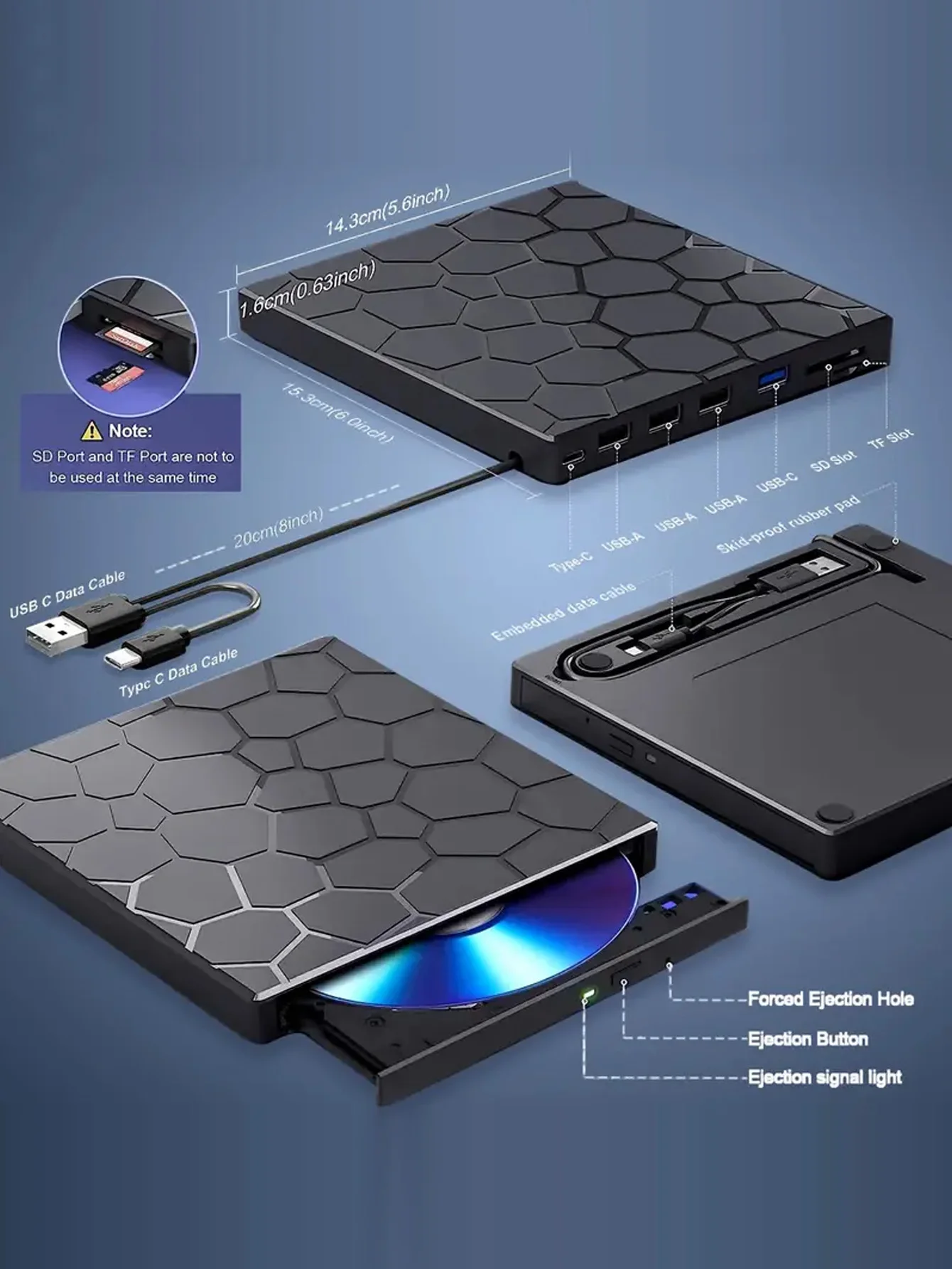Unità CD/DVD esterna per laptop, lettore portatile ultrasottile USB 3.0 8 in 1, lettore e masterizzatore CD/VCD/DVD