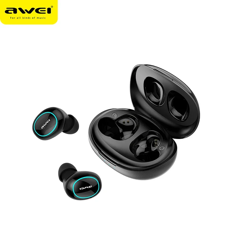 Awei T60 Bluetooth 5.1 Earphones TWS Wireless Headphones In-Ear Mini LED Light Display Earbuds Sport Headset with Microphone