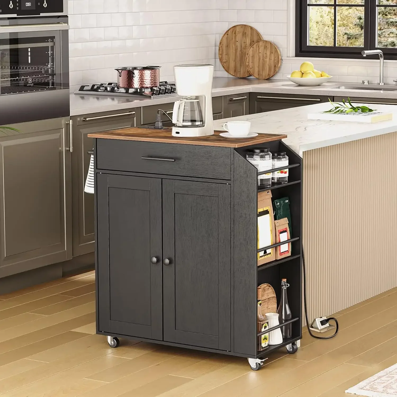 Kitchen Island with Power Outlet, Storage Island with Spice Rack and Drawer, Rolling Kitchen Cart on Wheels