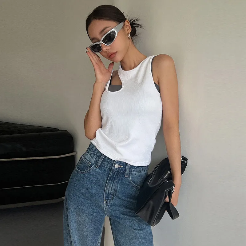 ECR Minimalist Hollow Out T Shirts For Women Round Neck Sleeveless Solid Slimming Casual Summer T Shirt Female Fashion Clothing