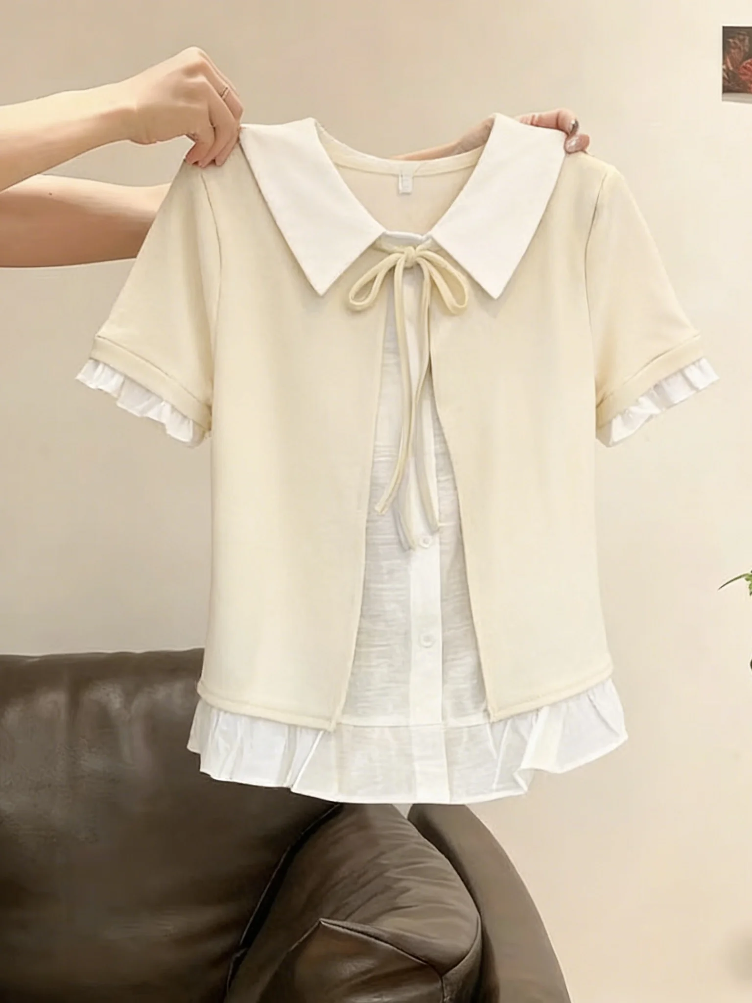 

Fashionable Korean Style Short Shirt Women's Summer 2026 Design Sense Sweet Fake Two-Piece Bow-Tie Stand Collar Blouse