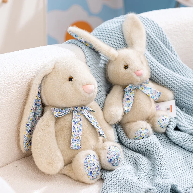 Adorable Stuffed Rabbit Cream With Floral Print Ears And Bow Tie Kawaii Plush Bunny Cuddle Pillow Bedroom Sweet Wonderful