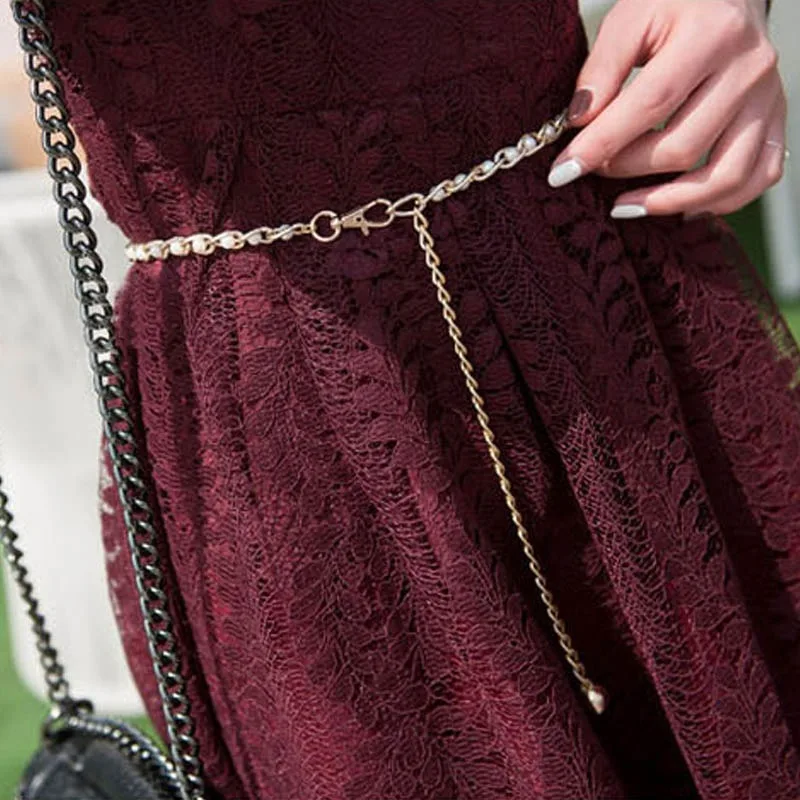 1Pcs Women's Dress Accessories Waist Chain Metal Chain Solid Pearl Versatile Apparel Accessories Pearl Thin Waist Belts