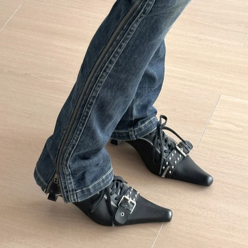 2026 Spring Belt Buckle Rivet Design Kitten Heel Women Pumps Pointed Toe Lace Up Casual Shoes Punk Style Comfort Designer Heels view 6