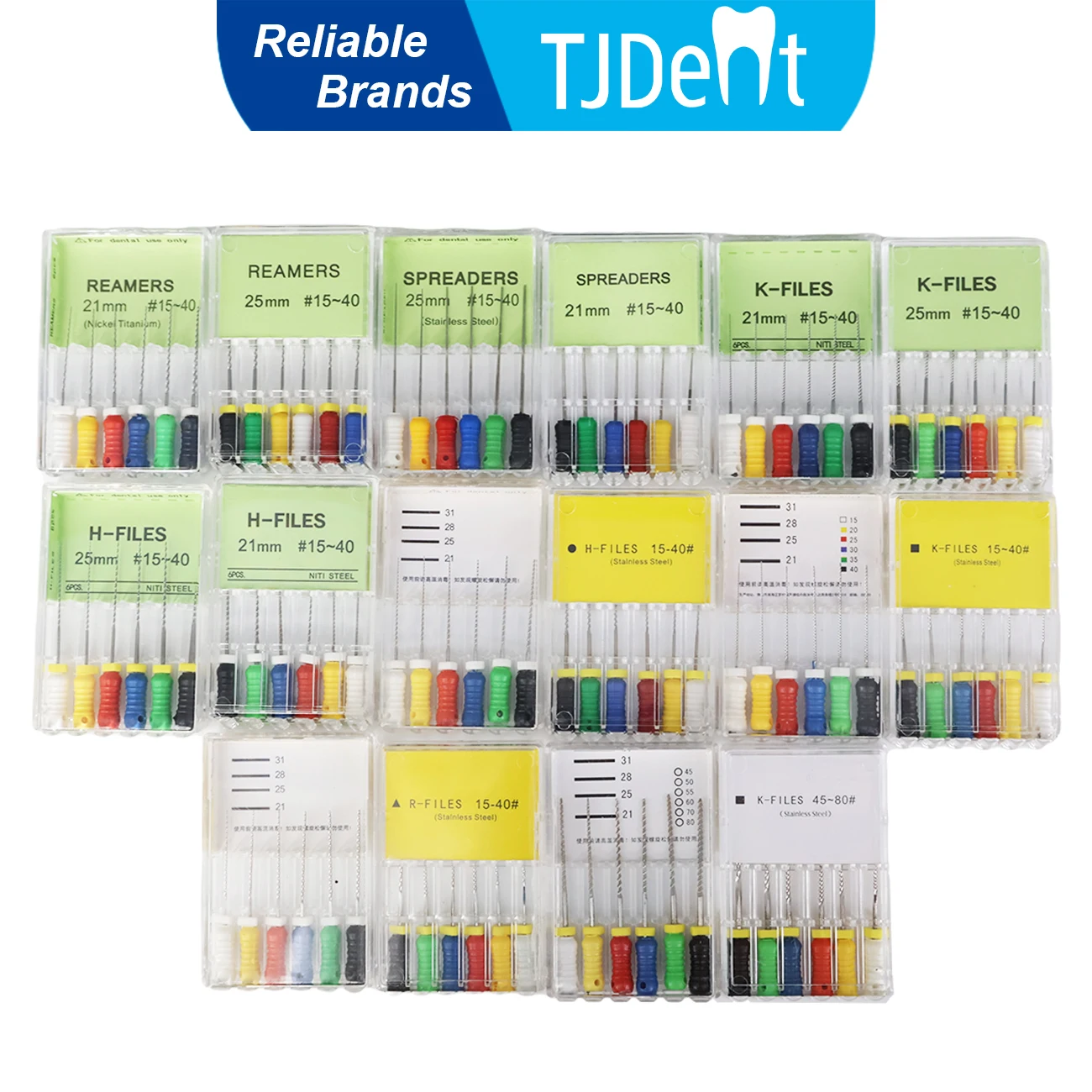 TJDent 6pcs/box Dental Root Cannal Endo File 21mm/25mm K-File H-File SPREADERS REAMERS Endodontic Instruments Dentistry Material
