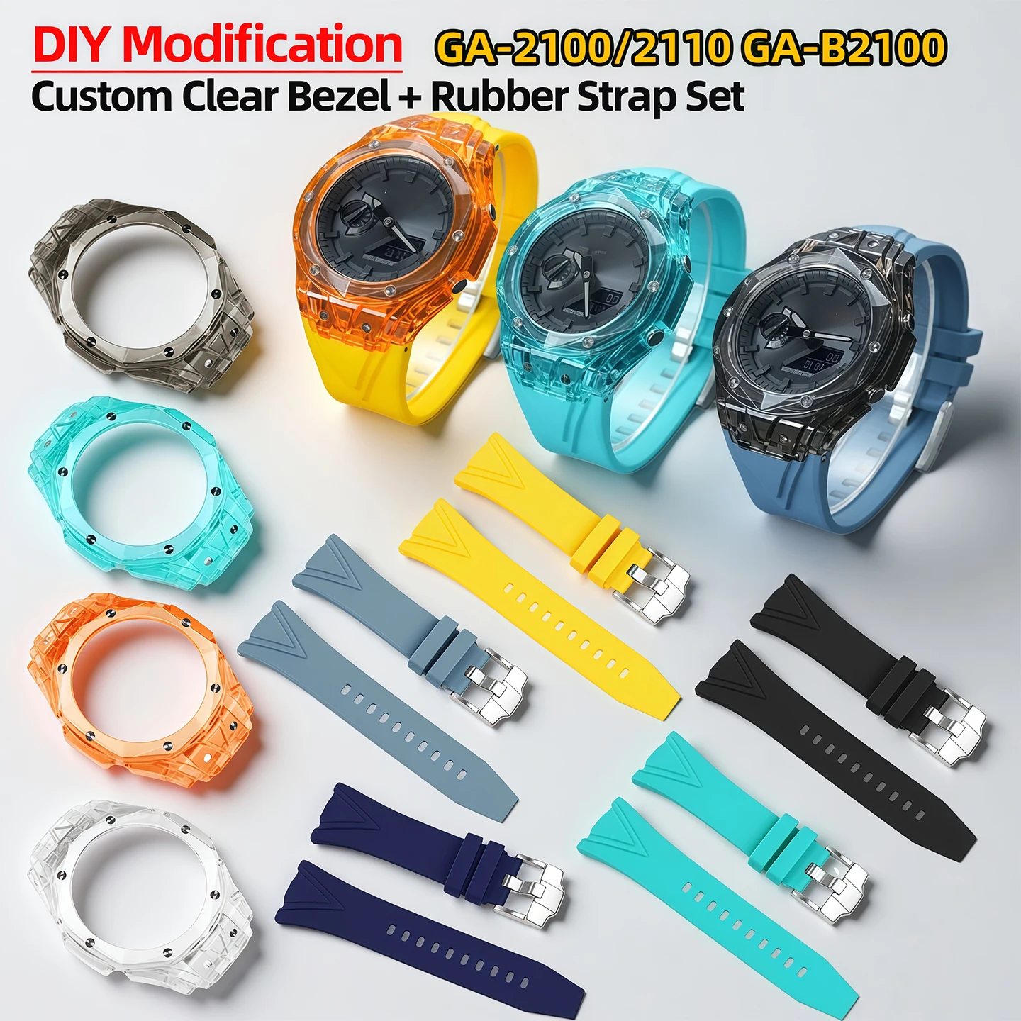 

Прозрачный DIY-комплект GA-2100 для Casioak серии GA2100/2110/GA-B2100: рамка для циферблата + комплект резиновых ремешков, аксессуары для часов