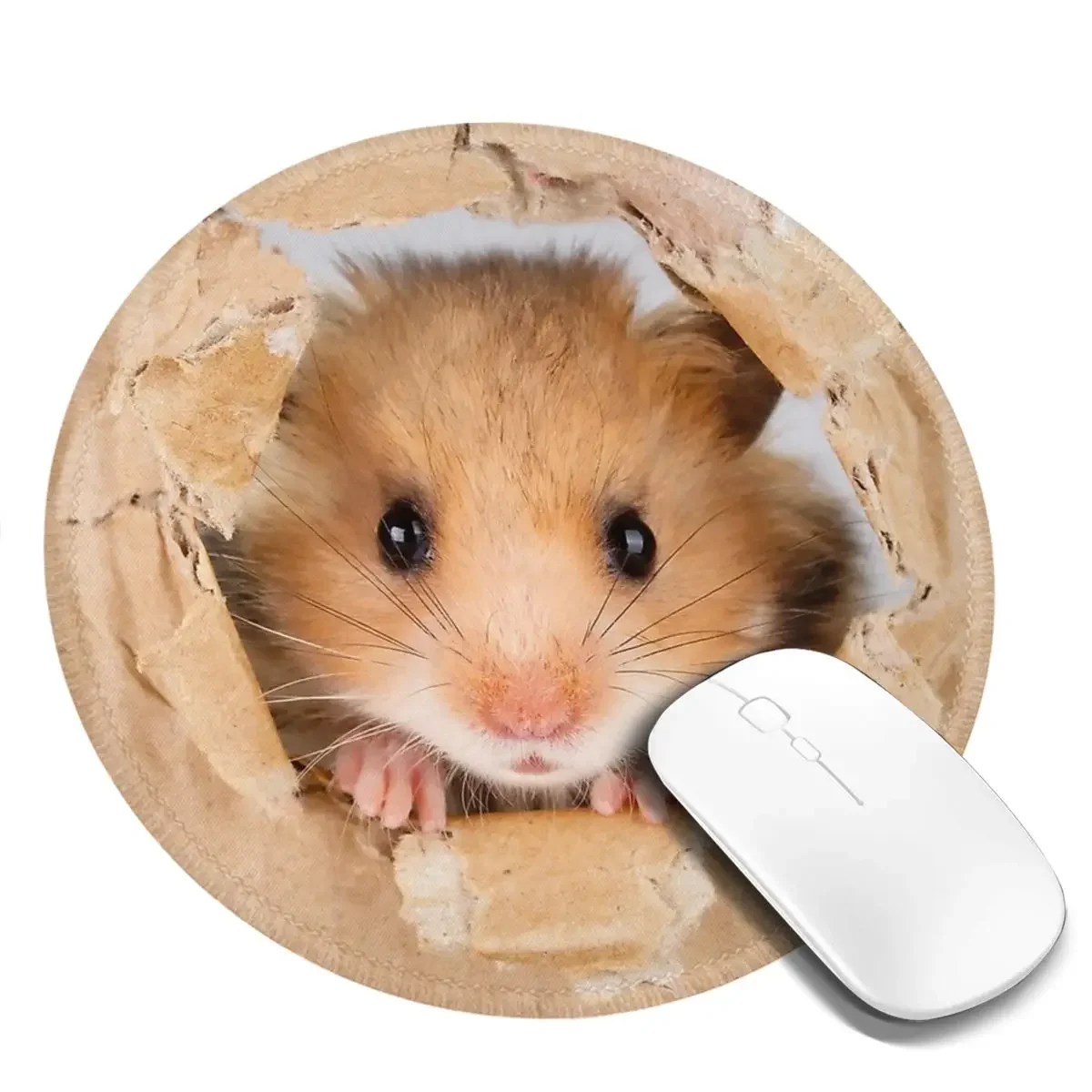 Cant Breathe - Cute Hamster Peeping Through Hole In BrownCardboard Round Mouse Pad ComputerKeyboard Mouse Mat Gaming PC Desk Mat