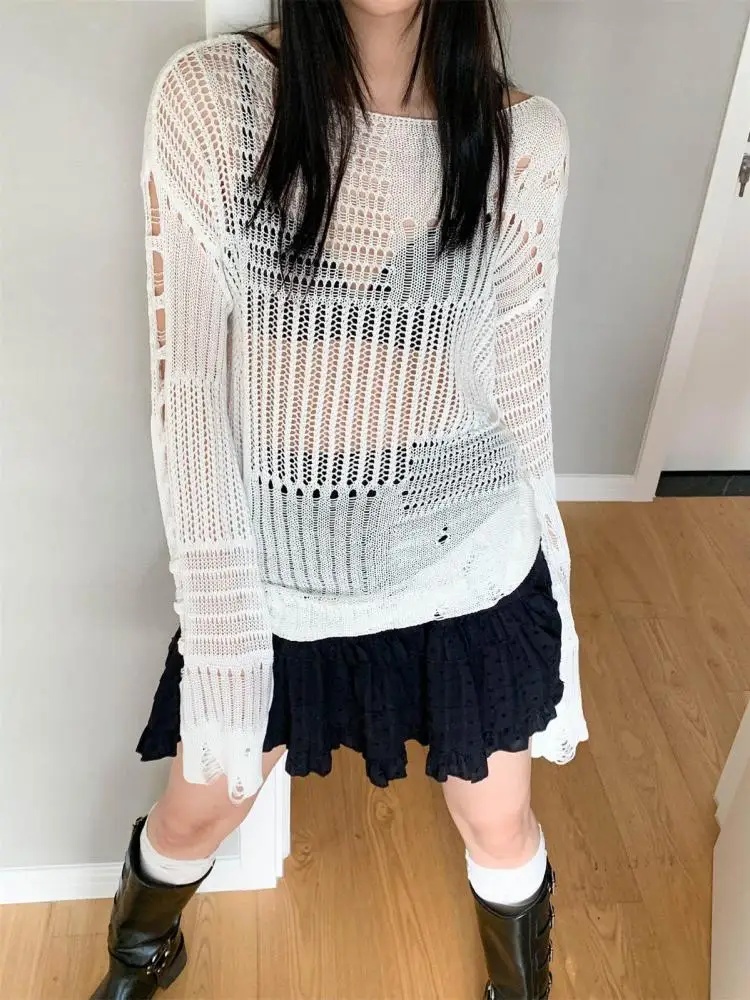 Yedinas Sheer Hollow Out Thin Sweater Women Clothes Knitted Tops Korean Fashion Spring 2024 Ladies Tops Pullovers Gothic Y2k