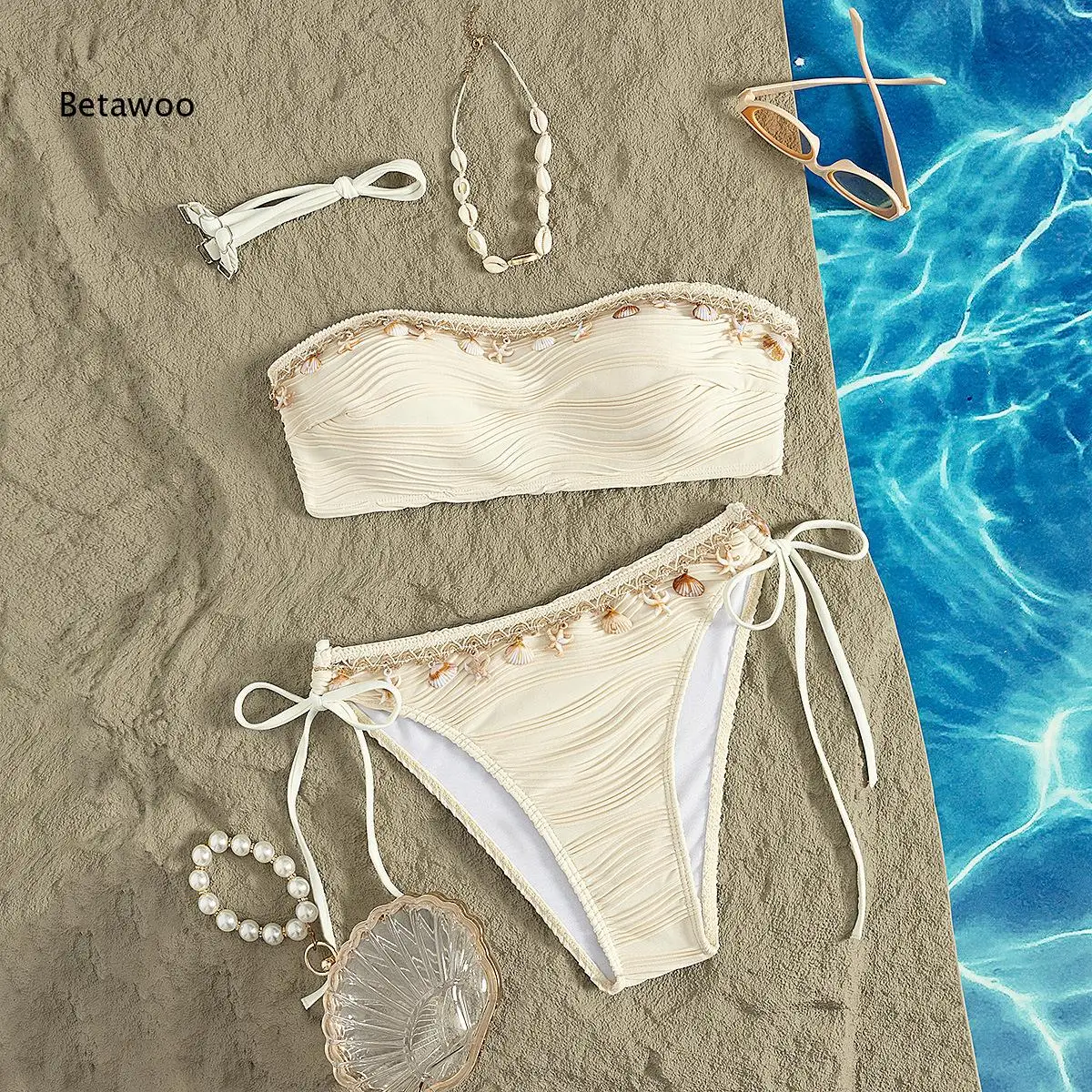 

Solid Beige Wave Fabric Shell Starfish Detail Strapless High Cut Bikini Set