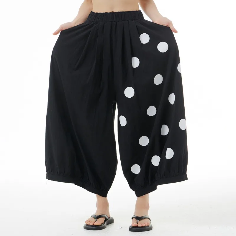 

Polka dot printed wide-leg pants 2023 summer loose thin short-sleeved women's nine-point pants Korean style culottes 5596