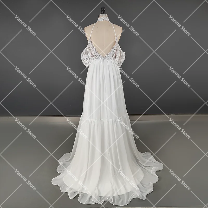 Hippie Bohemian Ausschnitt Spitze Hochzeit Kleid Strand Nach Maß Kurzen Ärmeln Backless Mantel Chiffon Boho Halter Neck Brautkleider