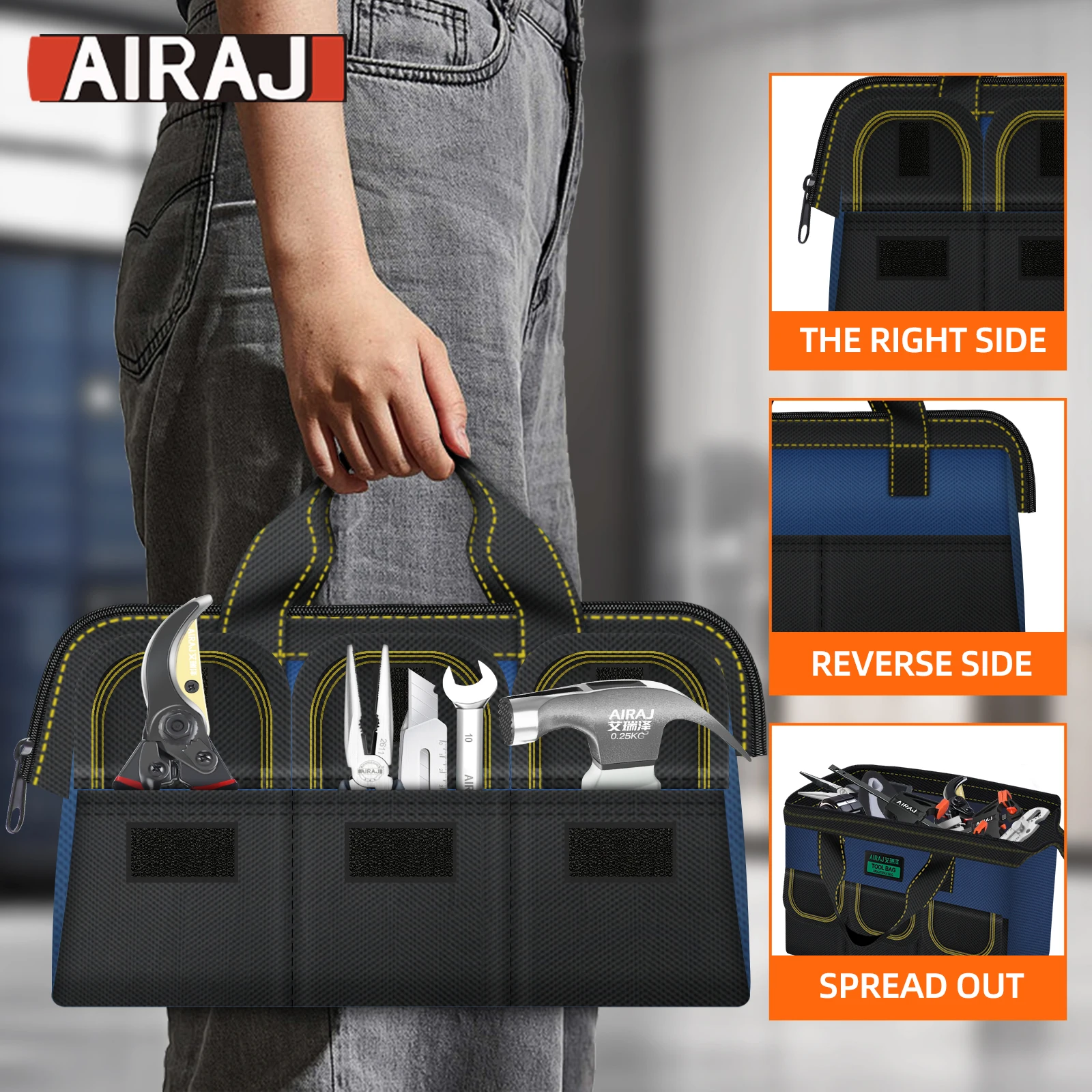 AIRAJ 10Pcs Household Tool Set. With 13 inch Tool Bag-Wide Mouth and Multiple Pockets Design.Garden,Home,Office Small Tool