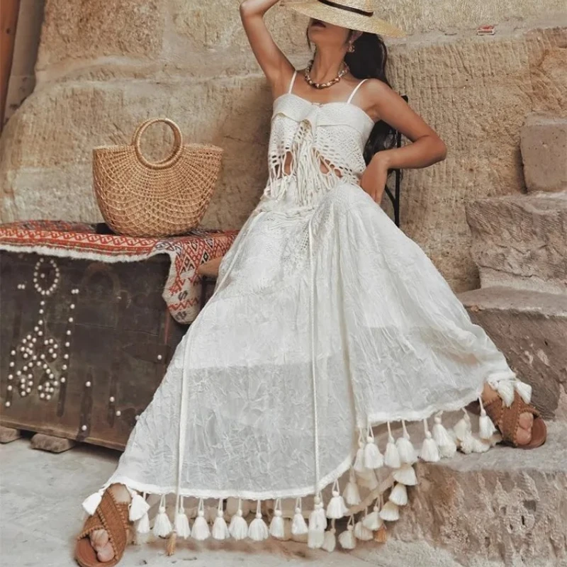 62-84cmWaist SpringSummer Long Maxi Skirts Women Elegant Tassel Lace Patchwork Two Ways To Wear Beach Skirt Bohemia HolidaySkirt