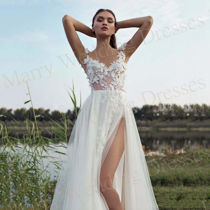 Boho exquisite eine Linie Brautkleider von der Schulter Spitze Applikationen Brautkleider rücken frei ärmellose Seite Schlitz Robe de Mariée