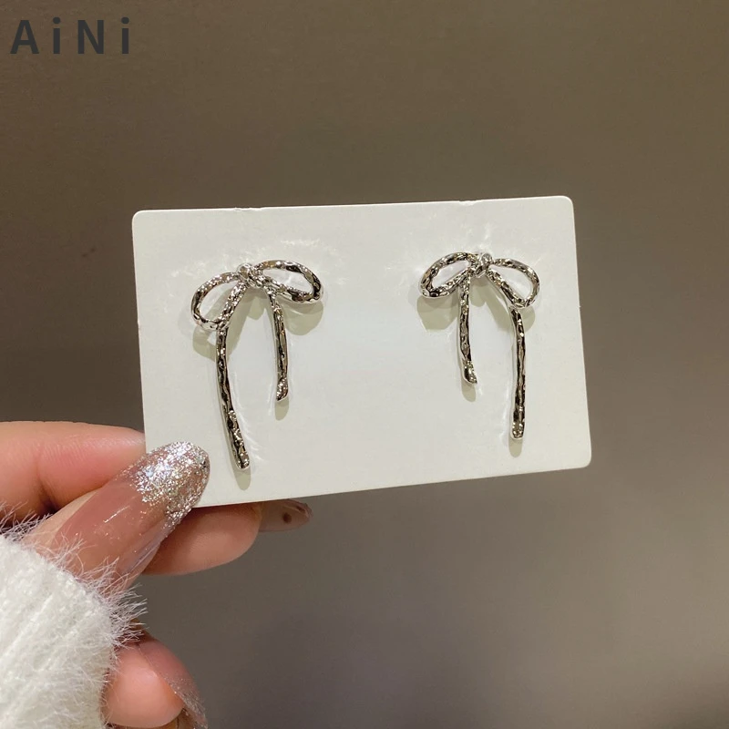 Modern Jewelry 925 Silver needle Bow Earrings Popular Style Simply Design Metallic Silver Color Women Earrings For Girl