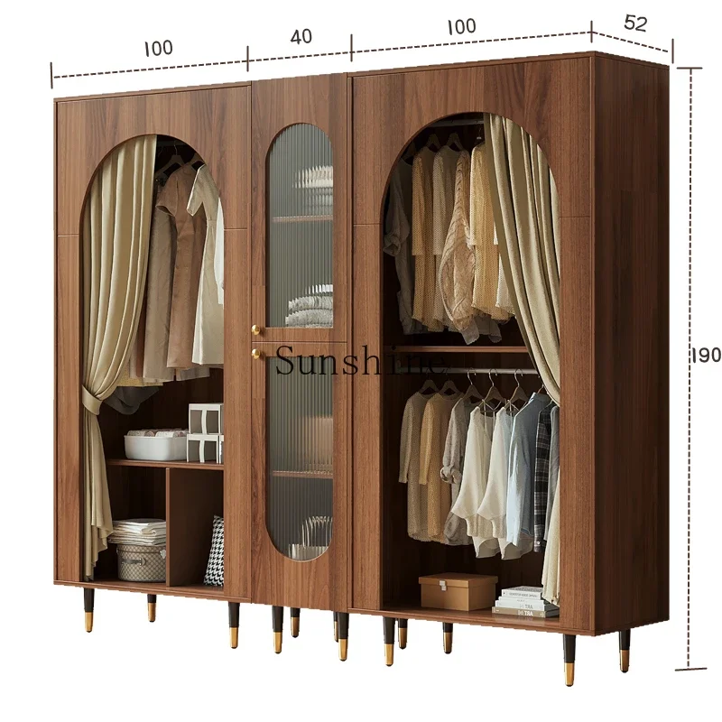 Household bedroom antique solid wood storage cabinet simple small apartment with curtain hanging wardrobe  FT