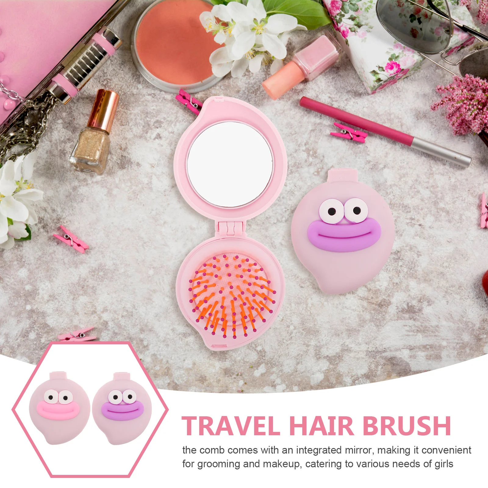 2 Stück faltbare Haarbürstenkamm für Mädchen, Taschenspiegel, kompakte Reise-Entwirrungsbürste, tragbare Geldbörse, Rosa, Lila